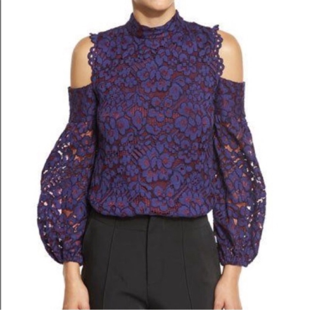 Alexis Siri Lace Overlay Cold Shoulder Top in Navy And Maroon